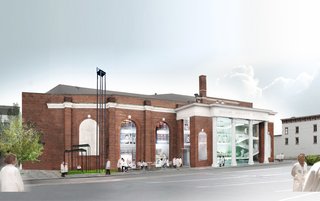 Southwest facade of the planned Marina Abramovic Institute for the Preservation of Performance Art (MAI) in Hudson, New York.