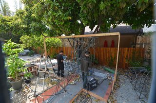 The final unit including the bench element continues to be fabricated and welded.