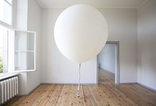 Terrarium and cacti in flight as the weather balloon catches a breeze in the Jette installation at Direktorenhaus Berlin.