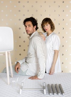Dutch Designers Master Color and Texture - Photo 1 of 4 - The Dutch design duo Stefan Scholten and Carole Baijings in their studio with the components of their 2014 Dot chair for Hay.