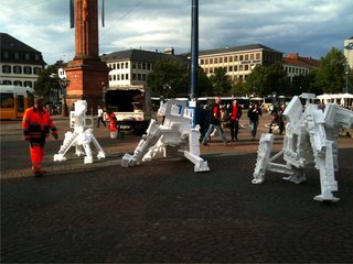 Waste as Source: Mitchell's Rapid Re(f)use takes one week's worth of e-waste and creates sculptural creatures—in the vein of Pixar's Wall-E—and displays them in a public square in Germany. "It's the best way to get people talking and asking questions," says Joachim. "Is it art, or trash?"