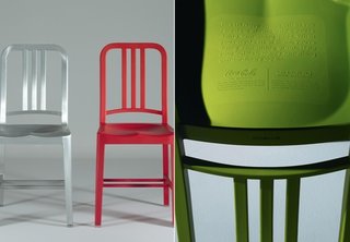 An original Navy aluminum chair stands beside the 111 plastic version, made entirely of recycled Coca-Cola bottles.