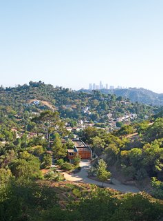 Laura Gabbert and Andrew Avery's home in the hills of Glassell Park, Los Angeles, is clad in stucco and redwood, evoking the rustic charm of their lush seven-acre site.