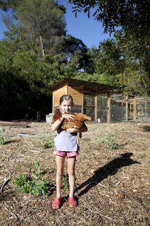 Ingrid shows off one of the chickens the family raises in their large and very productive coop.