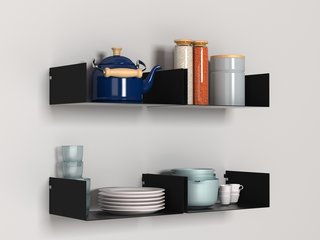 The Moni shelves can be installed in a variety of rooms, here as a perch for kitchenware. Individual units range from 29.75€ to 33.75€.