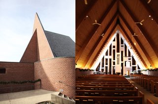 Exterior and interior of Harry Weese's First Baptist Church in Columbus, Indiana.