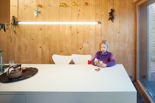 Passive Progressive - Photo 8 of 8 - Light Line<br><br>The pair selected fluorescents in <br><br>the kitchen and dining area for their <br><br>energy efficiency, low cost, and <br><br>clean aesthetic, echoing the bamboo <br><br>screens outside. The Spina pendant <br><br>above the table is from Ribag Licht <br><br>and complies with very green Swiss <br><br>Minergie standards. <br><br>ribag.ch