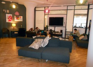 A communal space at the WeWork lab, on the 4th floor of 175 Varick St.
