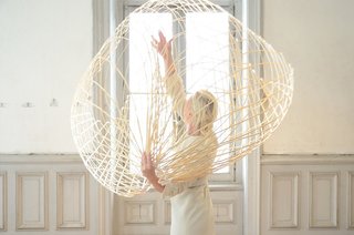 An expanding and contracting bamboo mesh by Dutch designer Maria Blaisse tests the resiliency of woven materials and the art of gesture in defining space and volume. Moving Meshes includes five spherical forms like this one as well as accompanying video to demonstrate improvisational interactions in the gallery's exhibition setting.