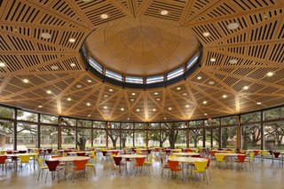 The interior of a dining pavilion on Rice University campus by Hanbury Evan Vlattas Rice Company.