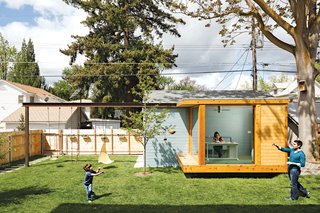 7 Multipurpose Sheds and Studios That Upgrade the Backyard - Photo 4 of 7 - Work It<br><br>"We wanted to open up the back of the house, but there’s nothing to look at," says Dana. "So we decided to put something in our yard as a focal point, to create our own view." The architects came up with a glass-walled studio, which Dana uses as her home office. The architects mounted a steel I-beam that spans the yard, with holes drilled at eight-inch intervals for maximum flexibility of use. Right now it’s used for Ikea play equipment, but later they plan to hang a hammock and a movie screen.<br><br>ikea.com