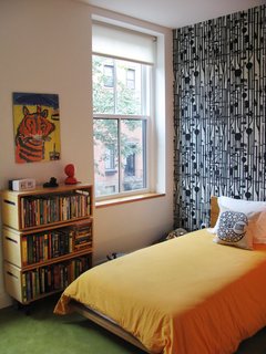 City Modern Home Tours: Brooklyn - Photo 6 of 51 - The children's bedroom features bright carpeting and patterned wallpaper.