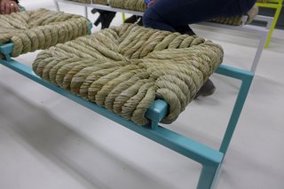 Jasmina Vaisanen and Esther van Roemburg's Mass bench is made from turf grasses woven using traditional techniques. These examples were not yet fully dried and gave off a pleasant grassy meadow scent. Once dried, the seat will turn darker in color.