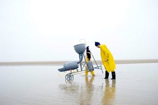 Studio Swine and Kieren Jones demonstrate how materials for Sea Chair are collected, harvested, and then recycled into their state-of-the art stool. The Nurdler, pictured here, serves as a hand-powered water pump and sluice that sorts micro-plastic by size and density for further processing. Jurors found this entry to best demonstrate good design with its consideration of life cycles, systems, industrial and social factors on both a local and global stage, as well as the widespread pollution problems that we collectively face. Sea Chair was launched at the Milan Furniture Fair 2012.