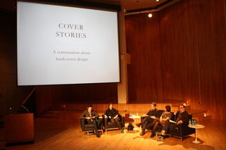 The moderator, Michael Silverberg, Editor in Chief of Print magazine, sits to the left. The panelists from left to right: Irma Boom, Peter Mendelsund, Jennifer Daniel, and John Gall.