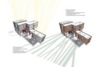 A diagram of the a outlines its sustainable aspects, including LED lighting and an Advantex septic system that has no environmental impact.