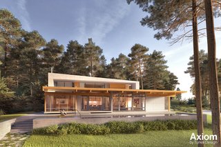 Prefab Spotlight: Turkel Design - Photo 3 of 4 - The modest and efficiently designed Axiom 2450 features ample sheltered outdoor living space, extending the dining area into the screened porch via a 12-foot retractable wall of glass. 