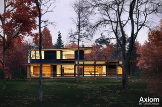Prefab Spotlight: Turkel Design - Photo 4 of 4 - Designed for sites with a pronounced primary viewing direction, the heart of the Axiom 2790 is the great room which extends out onto a covered outdoor terrace. Fireplaces at opposite ends bookend this expansive indoor/outdoor living area. 