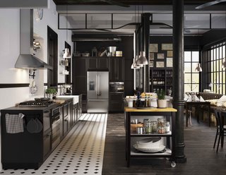 The system comes in a range of styles, from high tech to country, from light woods to dark, as well as an extensive choice of hardware and countertop surfaces, now clearly displayed right next to the cabinets.