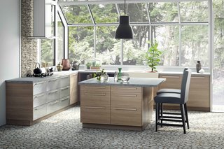 Offering a completely different look, this svelte version features an exhaust hood and modern hardware.