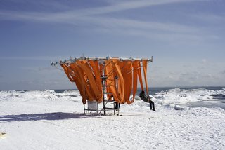 Sling Swing: WMB Studio (London and Liverpool UK)The cold can switch on survival mode in even the most rugged. This playful spin on the summer deck chair references warmer months, but arranges seats in a tight grid, allowing visitors to huddle for warmth.