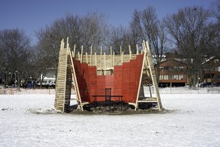 Wing Back: Tim Olson (Walpole, New Hampshire) A curved crescent of wood, inspired by the profile of a wing back chair, surrounds a fire pit, creating a stylish warming hut for breaks from long walks in the snow-covered landscape.