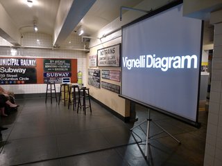 A talk about the history of Vignelil’s subway map, appropriately held in a former train station. Vintage signs from the old independent systems adorn the walls. Photo provided by the New York Transit Museum.