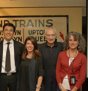 Vignelli Associates Yoshi Waterhouse and Beatriz Cifuentes, Massimo Vignelli, and Gabrielle Shubert, NYTM Director. Photo provided by the New York Transit Museum.