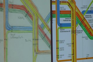 Yoshi Waterhouse explained to the audience that finding solutions for congested areas of the diagram was sometimes done best by hand. Photo provided by the New York Transit Museum.