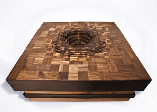 Mastering the Wood Grain - Photo 8 of 14 - Part of the PIXEL series, the Ripple 2.0 Coffee Table, shown in walnut with powder coated steel pulls, takes the same inspiration of the movement created by a ripple of water and brings it to a different, slightly darker, place by using a different kind of wood and pixelating the motif further.