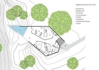 The floor plan reflects the way in which the design's angles interact with the site.