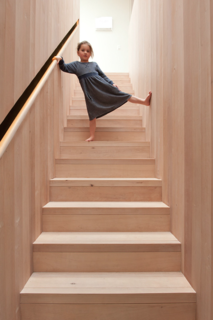 Cooke treated the southern beech in the stairwell with natural oils, rather than polyurethane, to bring out the grain and warmth of the natural materials. To keep the surface visually clean and minimal, the balustrade is set into the wall, so wood wraps the stairwell from ground floor to skylight.