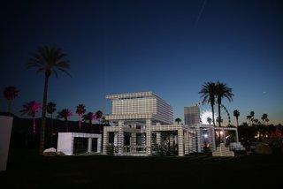 Here's the structure with one of the light projections giving the facade a whole different character.