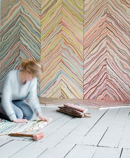 Marbelous Wood by Snedker Studio. Danish designer Pernille Snedker Hansen’s custom installations involve treating local Nordic wood with a marbling effect in toned-down hues.