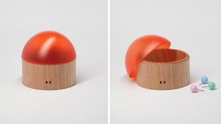 Small Pot, 2011, $130—Hide away all bits and bobs wth these discrete, easy timber and acrylic orange dome-topped pots.