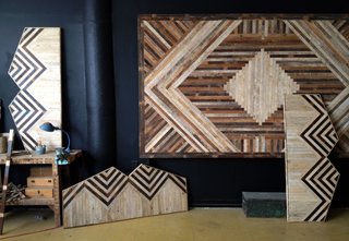 A medley of Ariele Alasko's headboard and wall panel designs displayed in her Bedstuy studio. Photo credit: Ariele Aslasko