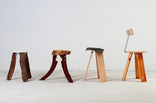 Curro Claret’s T300 Piece - Photo 3 of 3 - A line up of stools using Claret's metal bracket show the Piece's versatility. The furniture was made in collaboration with the Arrels Foundation, a group dedicated to helping the homeless in Barcelona.