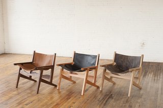 Here you see the full array of colors and materials for these handmade chairs. The slings are in earth tones while the wood ranges from domestic hardwoods to ebonized ash.