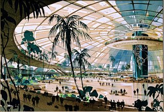 Pereira and Luckman’s 1952 design for Los Angeles International Airport (LAX) called for a glass-enclosed central terminal, with a world map etched on the central column. Their original plan died because the city's Building Department found it too radical, the cost of air-conditioning would have been exorbitant and the airlines wanted their own individual terminals. Image courtesy LAX Flight Path Learning Center.