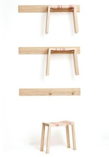 Wall Stools<br><br>Three racks with stools. Ash wood and plastic string. Manufactured by de Place Furniture.