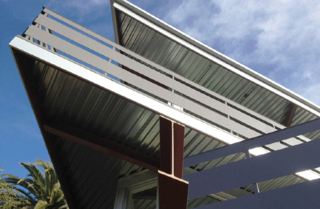 Tattuplex in Silver Lake is a custom Ecosteel prefab with geometric overlapping decks, as seen from below.