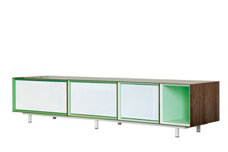 Matthew LechowickHidden media console, is a mix-and-match cabinet integrating household media components, and Reveal, a wall clock that tells time by rotating 72 individual wood pieces.