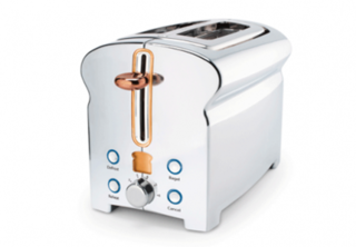 Here's the Michael Graves Design Toaster which is made from stainless steel and has a copper handle. Strum described how copper is a common material in kitchenware and how his team wanted to nod to the metal in the toaster design. The little toast icon is actually an digital display that counts down as your bread toasts.
