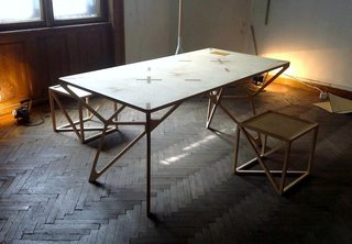 The 'Sparks' group design exhibition curated by Adriana Andreeva Dimitrova highlighted regional makers who employ novel approaches to natural materials, sustainable methods, and the re-interpretation of traditional forms. Don't DIY's Plywood Table demonstrated the modern functionality of hand-crafted dining furniture that was striking in its simplicity. Photo courtesy of Don't DIY.