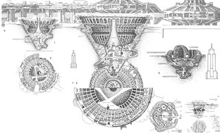 Most of Soleri’s arcologies— conceptual hybrids between architecture and ecology—were never built, including Novanoah II Arcology, published in his seminal 1969 tome Arcology: The City in the Image of Man.<br><br>Images courtesy Arcosanti.