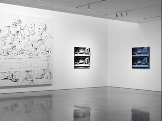 One of his final works before his death 1987; Warhol’s The Last Supper is on view in the final large room, surrounded by complementary detail prints. The piece, which Warhol traced onto canvas in black ink from a photocopied image of Leonardo da Vinci’s masterpiece, ads fittingly somber tone to the end of the exhibit.<br><br>Credit Stefan Altenburger, Courtesy The Brant Foundation