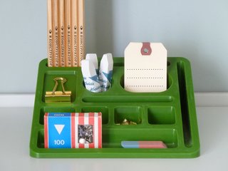 Present & Correct has resurrected some vintage deadstock in the form of this plastic desktop wedge organizer (£45). The unit has areas for clips and pins, plus a letter rack at the side and pencil holders at the back.