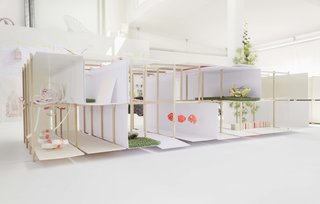 The maquette that Campbell is working from is a giant storage unit simulacrum, where a series of boxes come to life with their uses, which are meant to be flexible but still rational.