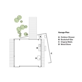 Garage PlanA Outdoor ShowerB Bookshelf-Bar C Original WallsD Wood Stove