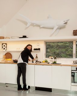 A Cluster of Cabins in a Former Quarry Makes a Simple Vacation Escape - Photo 7 of 13 - In the kitchen, a sculptural replica of a shark hangs above the sink.